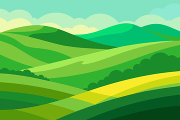 Obraz premium Expansive Sunny Countryside Illustration with Rolling Hills and Fields