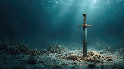 Naklejka premium An ancient knight’s sword juts from the seabed, weathered by time and waves, hinting at forgotten battles beneath the sea. 