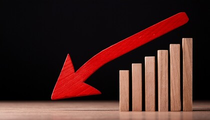 red wooden arrow pointing down on black background business market decline or economic