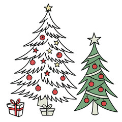 Two festive christmas trees adorned with red ornaments and stars accompanied by wrapped gifts on a white background