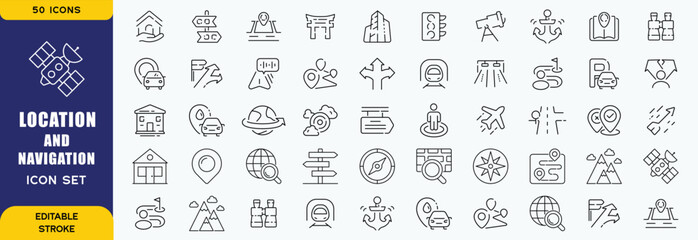 Location and navigation icon set. Containing location, navigation, direction, GPS, flag, destination, route, road and more. Vector outline icons collection