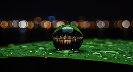 Stunning cityscape reflection captured in crystal ball on vibrant green leaf after rainfall at night