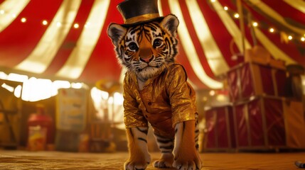 Tiger cub in gold circus outfit and top hat, standing upright in a cozy striped tent with warm lighting