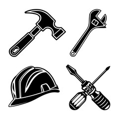 Collection of black and white construction and repair tools including a hammer wrench hard hat and screwdrivers