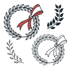 Naklejka premium Collection of laurel wreaths with red and white ribbons and branches