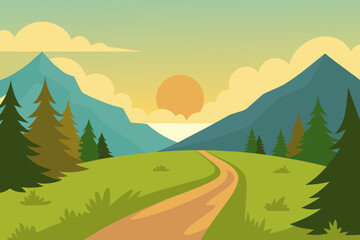 Fototapeta premium Idyllic Landscape Illustration with Verdant Green Hues Peaceful Nature Art