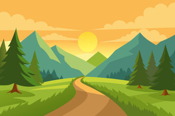 Fototapeta premium Idyllic Landscape Illustration with Verdant Green Hues Peaceful Nature Art