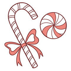 Festive candy cane with a pink bow and a swirl lollipop on a white background