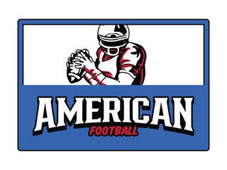 American Football Player Logo. Bold Mascot Design with Helmet and Ball in Red and Blue