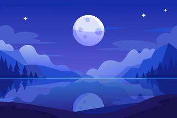 Tranquil Night Landscape Illustration with Blue Hues Peaceful Evening Scene