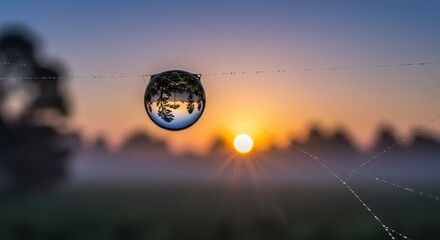 Experience the sunrise through a water droplet, a magical nature scene with a spiderweb's delicate beauty
