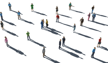 Isometric crowd of people standing with long shadows, social distancing concept, flat vector illustration, white background, urban population
