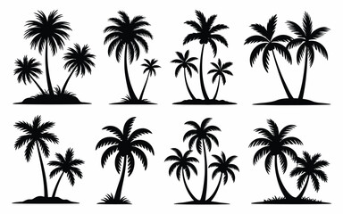 Vector art of set of tropical palm tree silhouettes isolated on white background, perfect for summer designs
