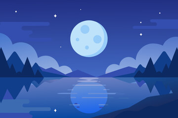 Tranquil Night Landscape Illustration with Blue Hues Peaceful Evening Scene