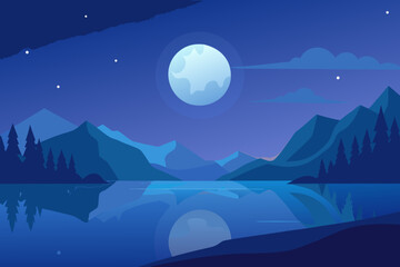Tranquil Night Landscape Illustration with Blue Hues Peaceful Evening Scene