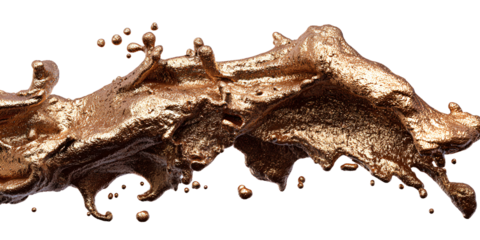 Dynamic bronze paint splash with droplets on black background Abstract liquid metal burst, artistic design element for luxury and industrial concepts