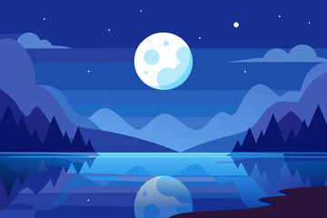 Tranquil Night Landscape Illustration with Blue Hues Peaceful Evening Scene