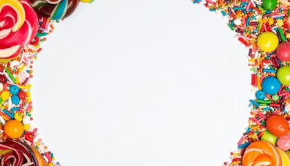 Vibrant assorted candies and colorful sprinkles create a festive sweet border for celebrations and treats