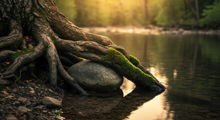 Stunning nature scene featuring tree roots, mossy rock, and tranquil river in beautiful golden light