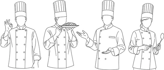 Professional chef illustration in uniform with cooking gestures, restaurant staff outline, culinary concept, kitchen team drawing, food service art