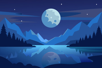 Tranquil Night Landscape Illustration with Blue Hues Peaceful Evening Scene