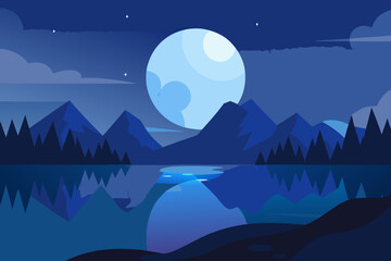 Tranquil Night Landscape Illustration with Blue Hues Peaceful Evening Scene
