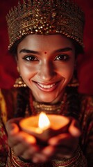 Portrait of smiling Indian woman wearing traditional gold crown and dress holding diya oil lamp celebrating Diwali