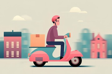 Colorful 3D illustration of a delivery rider on a scooter, transporting a box through a stylized urban landscape with abstract buildings and soft pastel colors