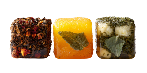 Three Flavored Tea Infusion Cubes with Rose, Orange, and Herbal Tea on Black Background Concept of Healthy Beverage, Refreshment, and Gourmet Tea