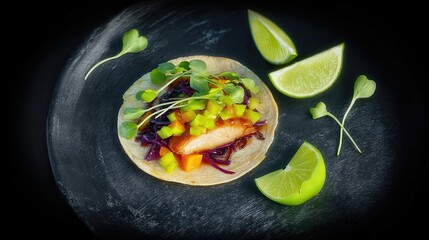 Delicious Taco With Grilled Chicken, Fresh Vegetables, and Lime on a Black Plate