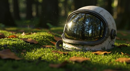 Lost astronaut helmet lies abandoned in vibrant sunny forest on soft green mossy ground with fallen leaves