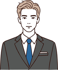 Cartoon person in formal suit, blue tie, white shirt, pocket square, neat hairstyle, vector illustration, business attire, isolated art