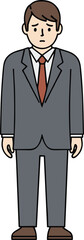 Cartoon person in gray suit, red tie, white shirt, brown shoes, professional attire, vector illustration, business outfit, isolated character