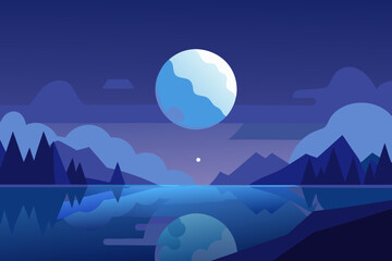 Tranquil Night Landscape Illustration with Blue Hues Peaceful Evening Scene