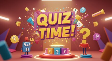 Colorful 3D Quiz Time Stage with Question Mark Characters and Dynamic Decorations for Educational or Entertainment Content