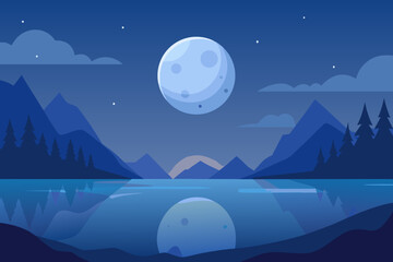 Tranquil Night Landscape Illustration with Blue Hues Peaceful Evening Scene