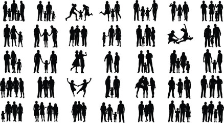 Silhouette family vector illustration, parents and children walking, holding hands, playing together, happy family poses, black isolated design