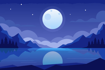 Tranquil Night Landscape Illustration with Blue Hues Peaceful Evening Scene