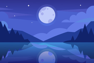 Tranquil Night Landscape Illustration with Blue Hues Peaceful Evening Scene