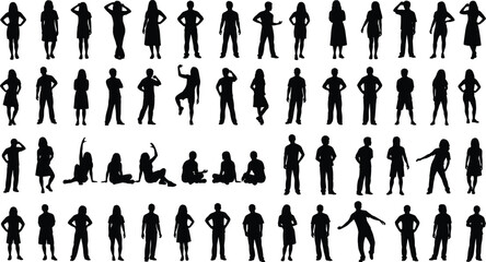 Silhouette collection of people standing, walking, sitting, posing in various positions, diverse black figures for creative vector design
