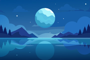 Tranquil Night Landscape Illustration with Blue Hues Peaceful Evening Scene