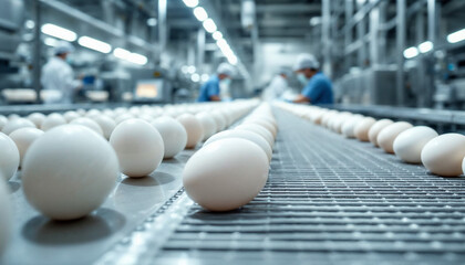 Close-up of fresh eggs on conveyor belt inside a clean, modern egg production factory.

