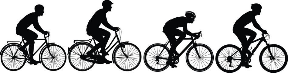 Silhouette illustration of people riding bicycles in various styles, cycling activity, isolated on white background, sports, commute, health, fitness