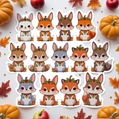Obraz premium ファンタジー収穫祭の動物たち・シール風イラスト / Fantasy Harvest Animals - Sticker Style 