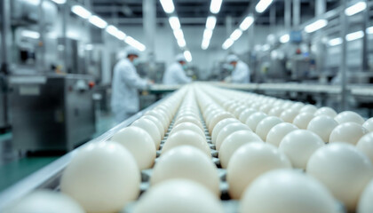 Close-up of fresh eggs on conveyor belt inside a clean, modern egg production factory.
