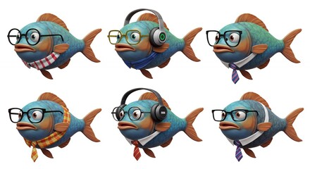 Cartoon fish characters in different outfits