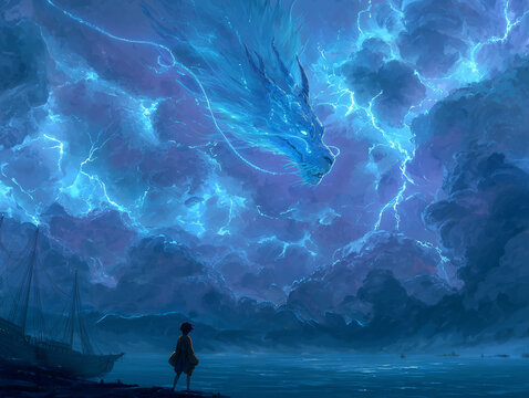Enchanted storm with lightning dragon over ocean, fantasy anime