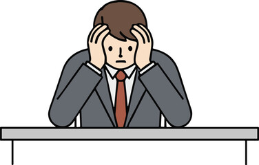 Cartoon person in suit sitting at table, hands on head, stressed posture, red tie, vector illustration, isolated business concept