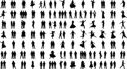 Silhouettes of people in various poses, walking, dancing, standing, men and women figures, social interaction, group diversity illustration