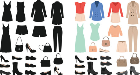 Vector illustration of women&rsquo;s fashion clothes, shoes, and bags in black and color, stylish wardrobe icons, modern feminine apparel design